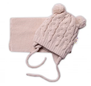 Zimní pletená kojenecká čepička s šálou TEDDY - béžová s bambulkami, vel.62/68, vel. 62-68 (3-6m)