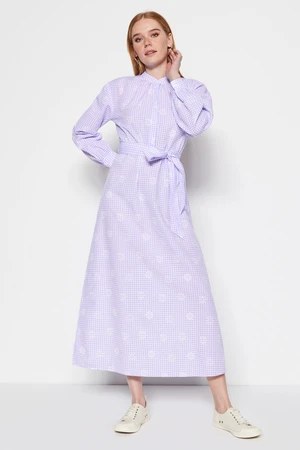 Trendyol Lilac Belted and Checkered Floral Patterned Half Paw Knitted Dress