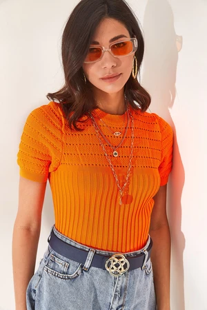Olalook Women's Orange Corduroy Knitwear Top With Open Open Top