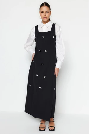 Trendyol Black Stone Embroidered Detailed Square Collar Woven Gilet Dress