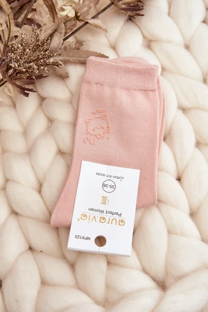 Women's plain socks with a kitten, pink