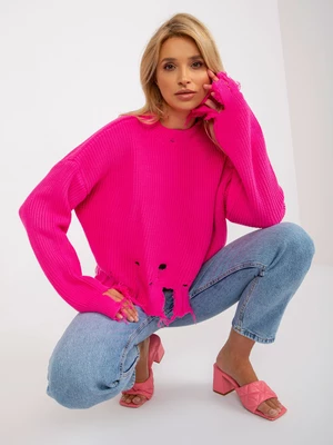 Fluo ružový krátky asymetrický sveter s otvormi od RUE PARIS