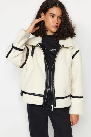 Trendyol White Plush Faux Leather Detailed Coat