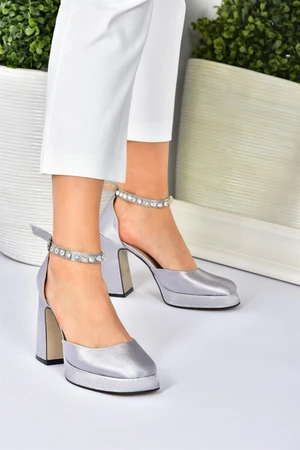 Fox Shoes Silver Satin Fabric Thick Platform Heels Women's Shoes