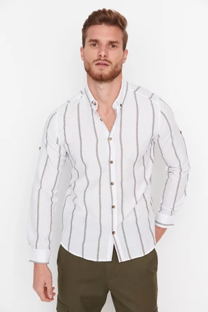 Trendyol Khaki Men's Slim Fit Buttoned Collar Striped Shirt With Epaulettes