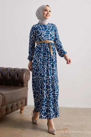 InStyle Else Stone Patterned Dress with Straw Belt - Indigo