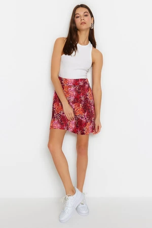 Trendyol Red Printed Open Waist/Skater Normal Waist Pleated Mini Knitted Mini Skirt