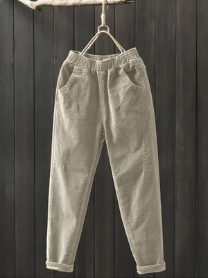 Women Corduroy Solid Color Elastic Waist Casual Harem Pants With Pocket