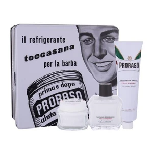 PRORASO White After Shave Balm Kit darčeková kazeta balzam po holení 100 ml + mydlo na holenie 150 ml + krém pred holením 100 ml + plechová dóza M