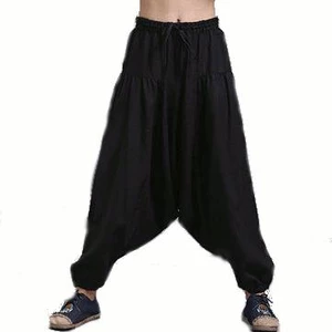 Men Yoga Loose Drop Crotch Pants Male Casual Harem Pants Elastic Cotton Linen Bloomers Trousers