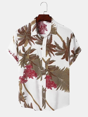 Men Tropical Leaf Hawaii Style Casual Skin Friendly Matching Soft Shirts