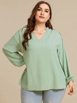 Plus Size V-neck Elastic Waist Long Sleeves Blouse