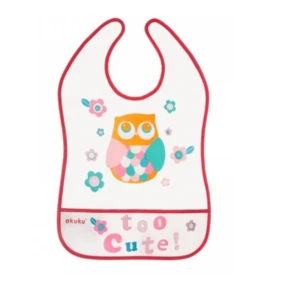AKUKU Plastový bryndák/zástěrka s kapsičkou Owl -  malinový