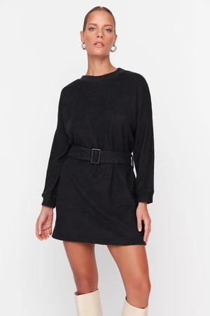 Trendyol Black Soft Knitted Mini Dress with Belt