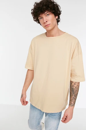 Trendyol Beige Basic 100% Cotton Crew Neck Oversize/Wide Fit Short Sleeve T-Shirt