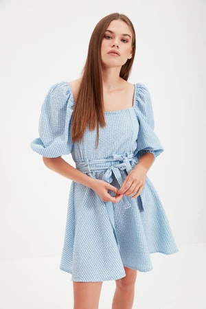 Trendyol Blue Waist nyitott szögletes gallérú mini szőtt ruha