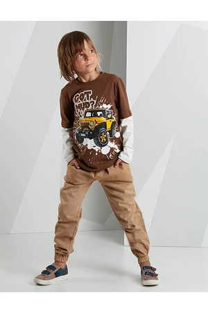 Mushi Jeep Mood Boys' Brown T-shirt Set with Beige Gabardine Pants.