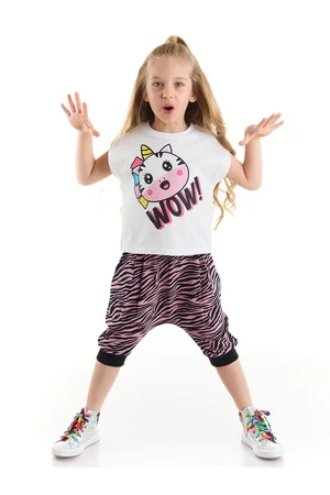 Denokids Zebracorn Girls' White T-shirt Zebra Patterned Pink Capri Shorts Set.