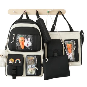 Kawaii Backpack Set 4 Pcs Canvas School Backpack Combo Set Shoulder Bag Pencil Bag Waist Bag Set With Cute Pins And Pendants For