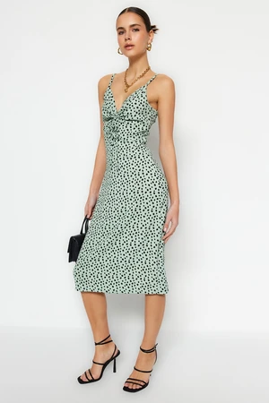 Trendyol Mint Polka Dot Print Crepe Knitted Midi Dress with Open Waist / Skater Straps