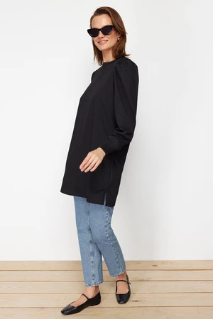 Trendyol Black Sleeve Detailed Knitted Crew Neck Slit Tunic