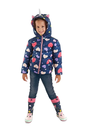 Denokids Unicorn Girl Child's Water Repellent Hooded Inflatable Coat Navy Blue.