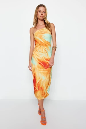 Trendyol Orange Printed Fitted Midi One-Shoulder, Flexible Knit Dress