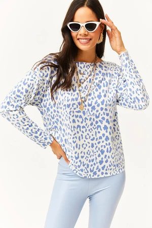 Olalook Women's White Leopard Dirty Collar Printed Soft Textured Thin Sweatshirt