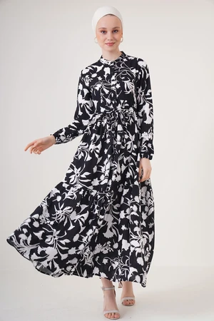 Bigdart 2144 Black Patterned Big Collar Hijab Dress