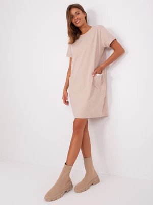 Beige basic sweatshirt dress with short sleeves