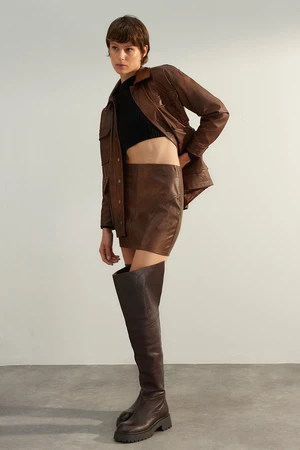 Trendyol Brown Premium High Quality Faux Leather Mini Woven Skirt