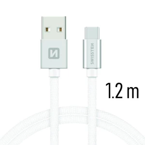 Adatkábel Swissten textil USB-C konnektorral és gyorstöltés támogatással 1,2 m, ezüst
