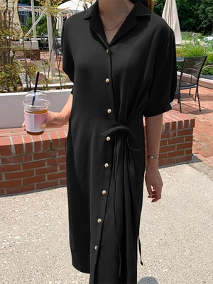 Solid Button Knotted Lapel Casual Shirt Dress