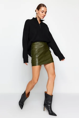 Trendyol Khaki Faux Leather Cargo Pocket High Waist Fitted Mini Knitted Skirt