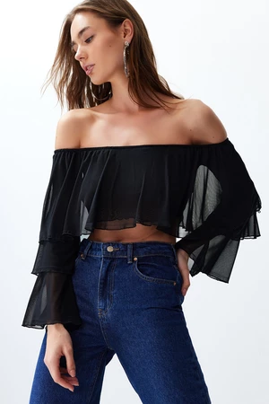 Trendyol Black Ruffle Detail Long Sleeve Lined Crop/Short Knitted Blouse