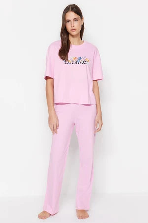 Trendyol Light Pink 100% Cotton Motto Printed T-shirt-Pants Knitted Pajamas Set