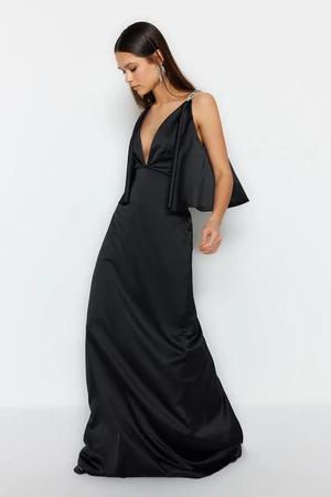 Trendyol Black Stone Strap Detailed V-neck Long Evening Dress