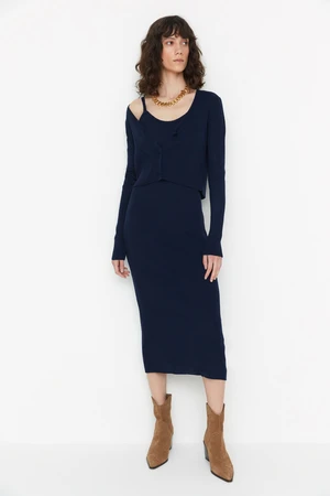 Trendyol Navy Blue Navy Blue Fitted Midi Knitwear Cardigan Dress Suit