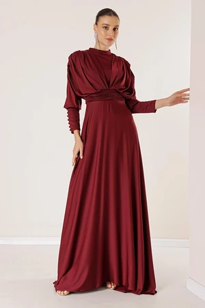 By Saygı Front Back Gathered Sleeves Button Detailed Lined Long Satin Dress