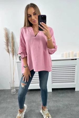 Cotton blouse with rolled-up sleeves dark pink