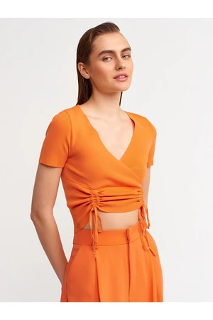 Dilvin 10194 Double-breasted Collar Pleated Front Tricot Crop-orange