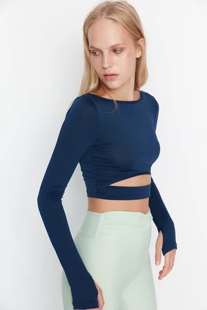 Trendyol Dark Navy Crop Window/Cut Out and Thumb Hole Detail Sports Blouse
