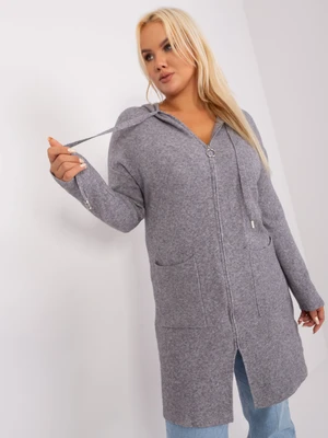 Grey long sweater of a larger size with a zipper