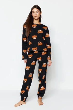 Trendyol Black 100% Cotton Teddy Bear Printed Tshirt-Jogger Knitted Pajamas Set