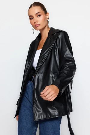 Trendyol Black Oversize Wide-Cut Belted Faux Leather Trench Coat