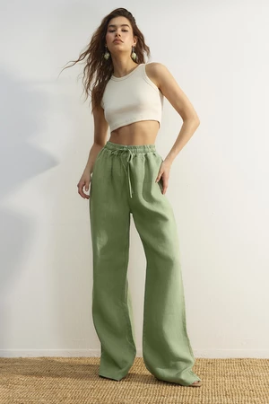 Trendyol Green 100% Linen High Waist Wide Leg Pants with Elastic Waist.
