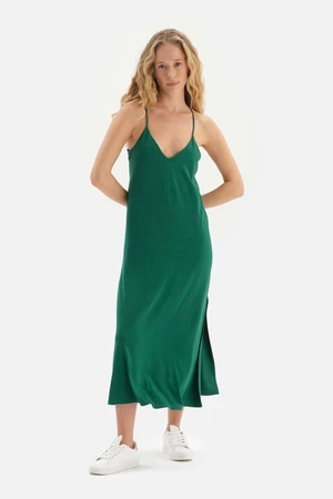 Dagi Dark Green Viscose Dress With Knitted Detailed