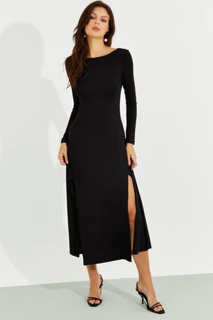 Cool & sexy dámské černé maxi šaty s dvojitým rozparkem s hlubokým výstřihem