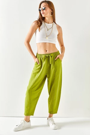 Damskie spodnie Olalook Oil Green z kieszeniami do szycia ze szczegółowymi lnianymi spodniami Shalwar