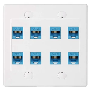 Ethernet Wall Plate 8 Port - Double Gang Cat6 RJ45 Keystone Jack Network Cable Faceplate Female To Female - Blue